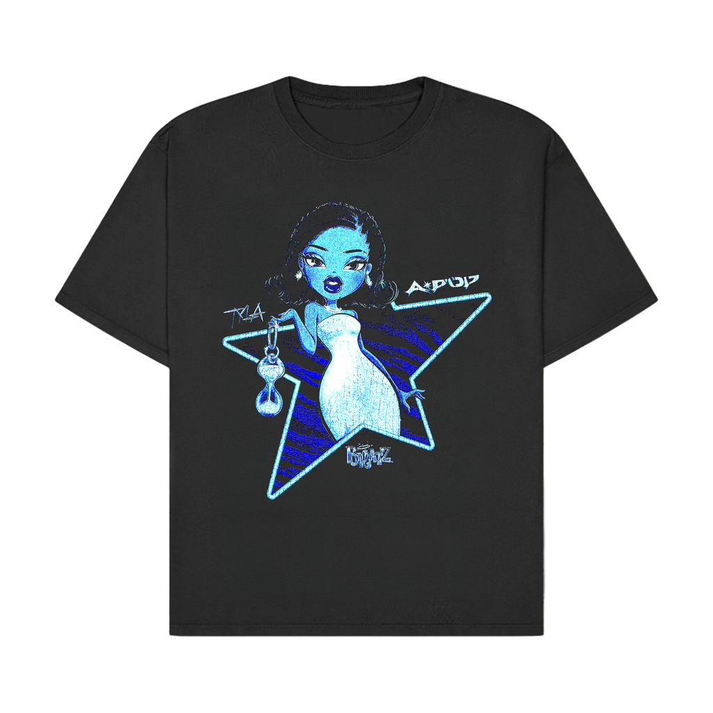 A black short-sleeve t-shirt with a graphic print of a blue-skinned anime girl with a white dress, set against a blue star outline with the text 'A-POP' and 'KOREA'.