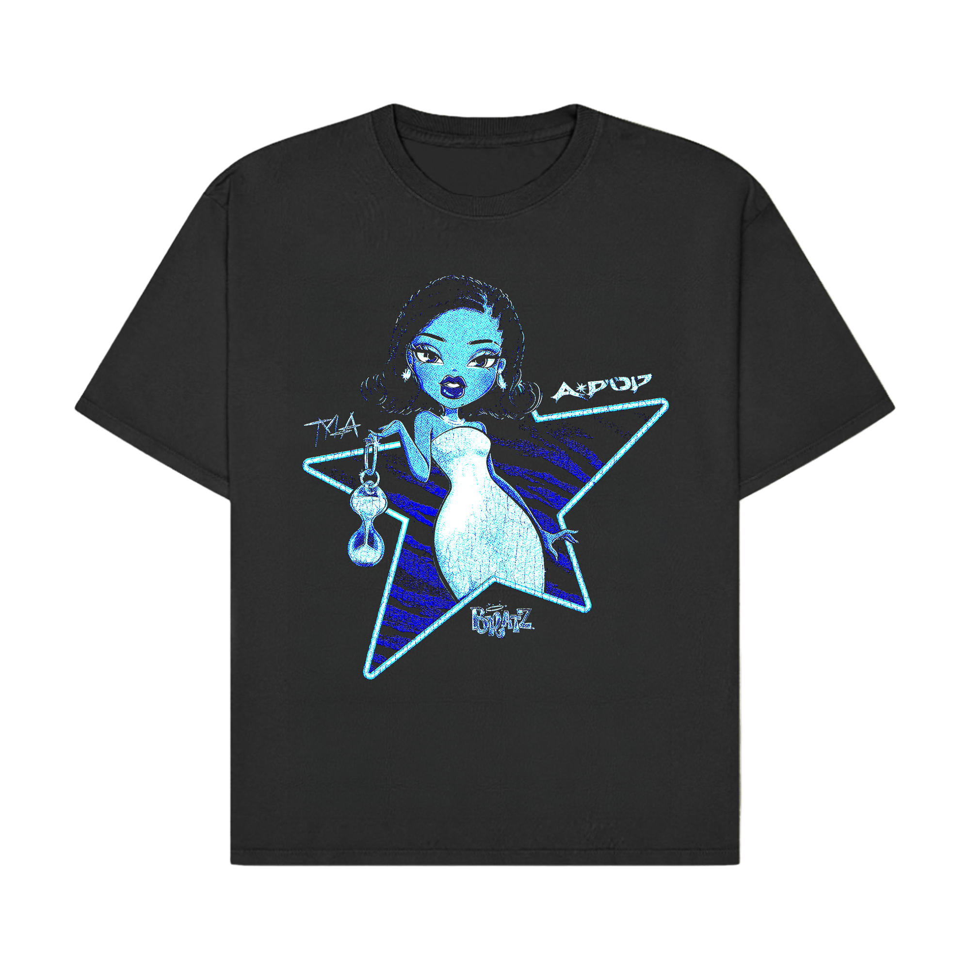 A black short-sleeve t-shirt with a graphic print of a blue-skinned anime girl with a white dress, set against a blue star outline with the text 'A-POP' and 'KOREA'.