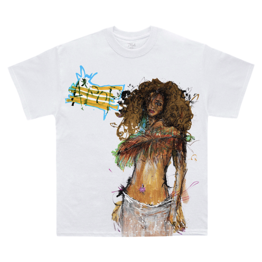 A white short-sleeve crewneck t-shirt featuring a large graphic print of a woman with curly brown hair and abstract yellow, blue, and green paint strokes on the front.