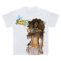 A white short-sleeve crewneck t-shirt featuring a large graphic print of a woman with curly brown hair and abstract yellow, blue, and green paint strokes on the front.