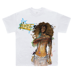 A white short-sleeve crewneck t-shirt featuring a large graphic print of a woman with curly brown hair and abstract yellow, blue, and green paint strokes on the front.