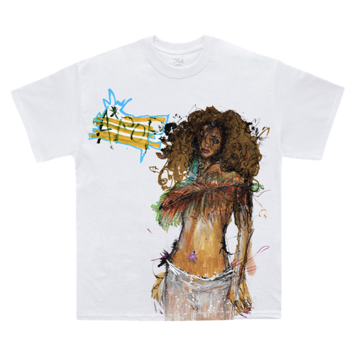 A white short-sleeve crewneck t-shirt featuring a large graphic print of a woman with curly brown hair and abstract yellow, blue, and green paint strokes on the front.